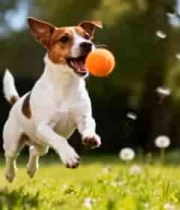  草地上小狗叼球跳跃2343#横屏 	 