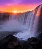  壮丽瀑布日落景观3259#横屏 	 - 