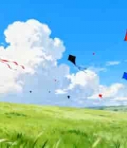  草地天空中放飞的多彩风筝31#横屏 	 - 