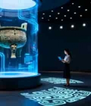  博物馆内女士观赏青铜文物875#横屏 	 