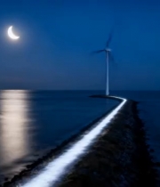  月夜海边风车与灯塔3079#横屏 	 