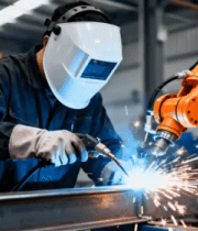 工人在工厂操作机器人焊接4969#横