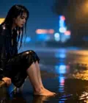  雨夜独坐的忧郁女孩3030#横屏 	 