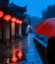  雨夜江南红伞背影3042#横屏 	 