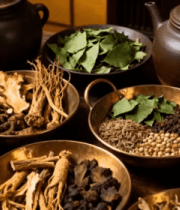 各类中药材摆放在铜碗陶壶中959#横屏 