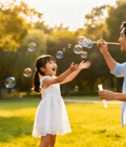父女公园吹泡泡互动场景3223#横