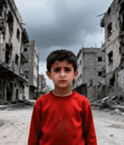 废墟中站立的红衣男孩5269#横