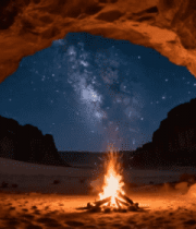 洞穴内篝火星空夜景素材2698#横屏 