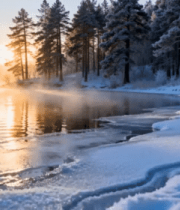 冬日森林湖畔日出景象3441#横