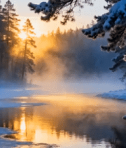 冬日森林阳光照耀河流场景4293#横