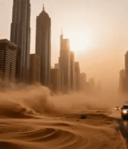 迪拜城市沙尘中的车辆行驶3489#横屏 