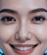 戴科技耳机微笑的女性特写3344#横