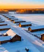  雪后村庄航拍 夕阳雪景2616#横屏 	 