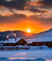  雪村日落炊烟袅袅2601#横屏 