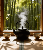 窗边茶具与竹林背景画面3824#横