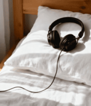 床上枕头旁的黑色耳机585#横屏 