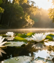 池塘中盛开的白色睡莲5376#横