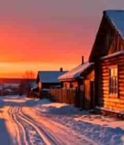  雪中小屋日落风景2729#横屏 	 
