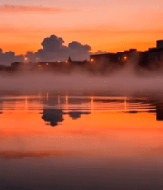 城市河畔日出倒影美景3292#横