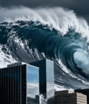 城市高楼旁的巨大海浪景观3251#横屏 