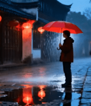 撑伞男子于古街雨中伫立5460#横