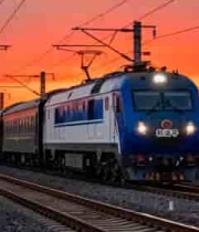  夕阳下的蓝白火车2390#横屏 	 