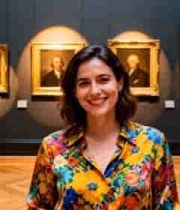  微笑女子在美术馆欣赏画作2289#横屏 	 