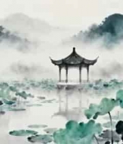  水墨江南亭台荷花2192#横屏 	 -