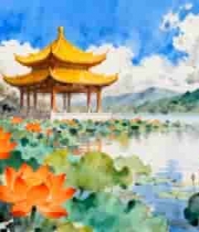  水墨荷花亭台风光2187#横屏 	 