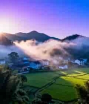  山村晨雾日出美景1930#横屏 	 