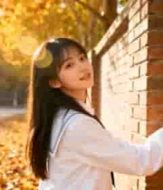  秋日校园少女靠墙微笑1797#横屏 	 -