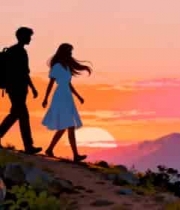  情侣登山看日落剪影1776#横屏 