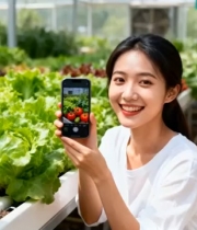 女生在温室用手机拍蔬菜1662#横屏 	 
