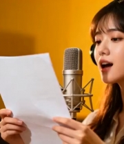  女生戴耳机麦克风录音1660#横屏 	 