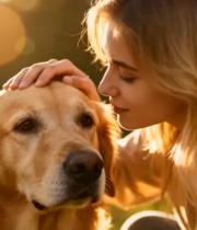  女孩与金毛犬的温馨时光1656#横屏 	 