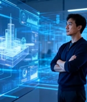  科技感男人与全息投影1312#横屏 	 