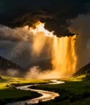  金色瀑布照耀山谷河流1169#横屏 	 