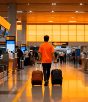 机场大厅旅客拉行李箱背影1016#横屏 