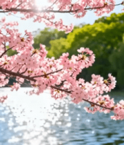 湖边盛开的粉色樱花946#横屏 