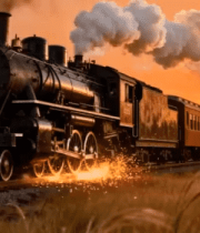 复古蒸汽火车日落行驶536#横屏 