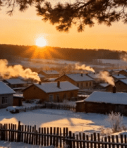 冬日村庄日出雪景415#横屏 