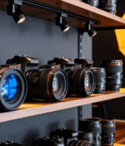 展示架上的相机及摄影器材1684#横屏 