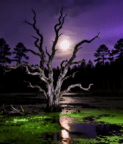 月夜下森林中的枯树与湿地景象10867#横屏 