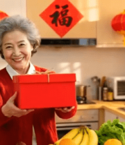 老年女性厨房持红礼盒5836#横屏 