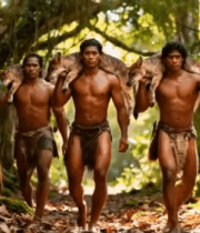 原始部落男子森林狩猎归来12074#横屏 