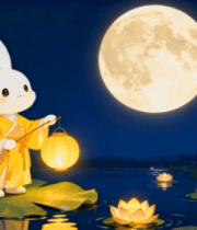 玉兔持灯笼于荷塘赏月画面12552#横屏 