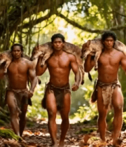 原始部落男子森林狩猎归来12074#横屏 