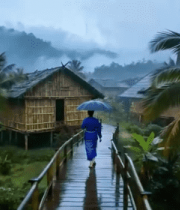 雨中行人漫步热带村落木桥4909#横屏 