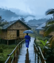 雨中行人漫步热带村落木桥4909#横屏 