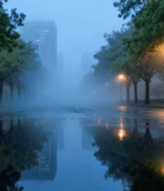 雨天城市街道树木倒影景象6920#横屏 